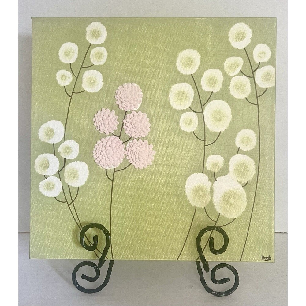 Original Amborela Textured Wall Art Hand Painted Green Pink Sculpted 3-D Flowers